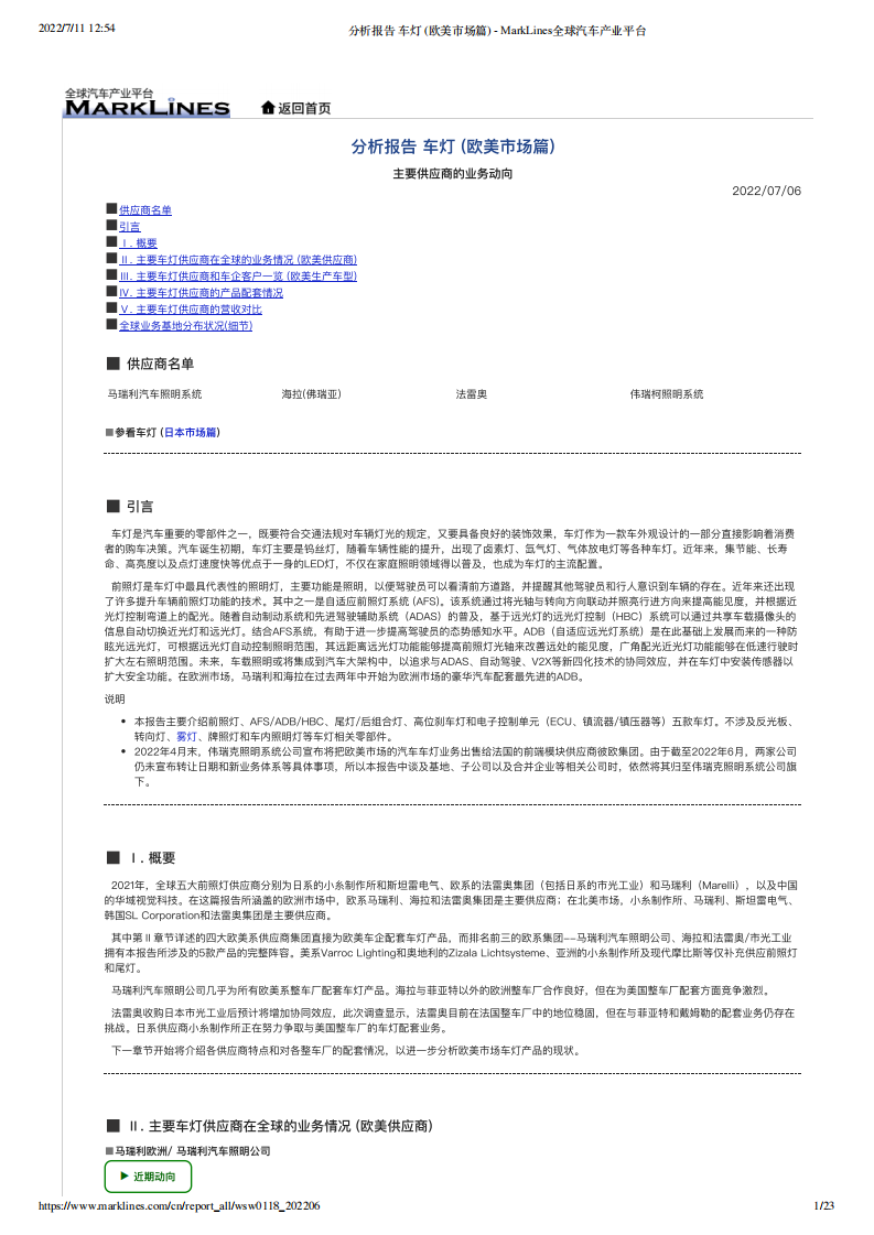 分析报告 车灯  欧美市场篇