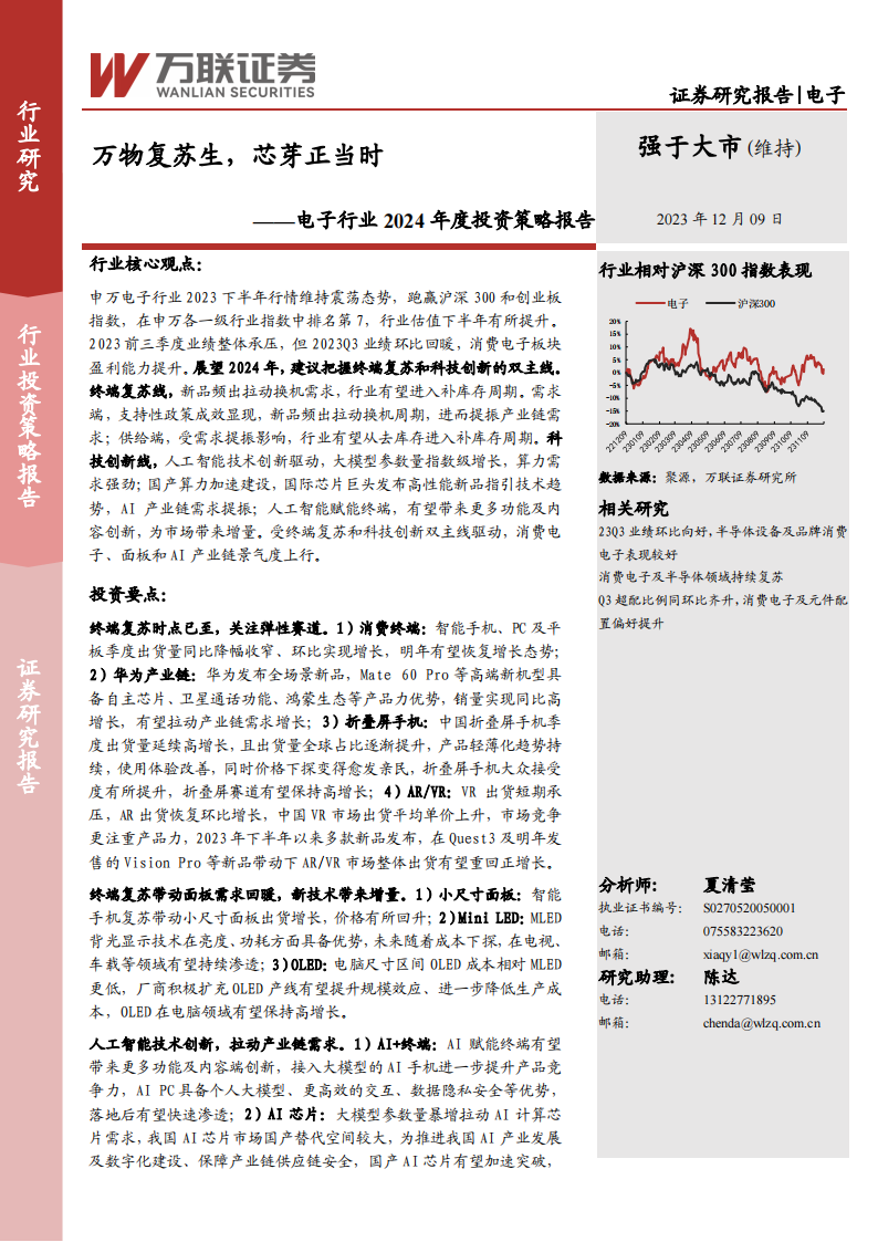 电子行业2024年度投资策略报告：万物复苏生，芯芽正当时