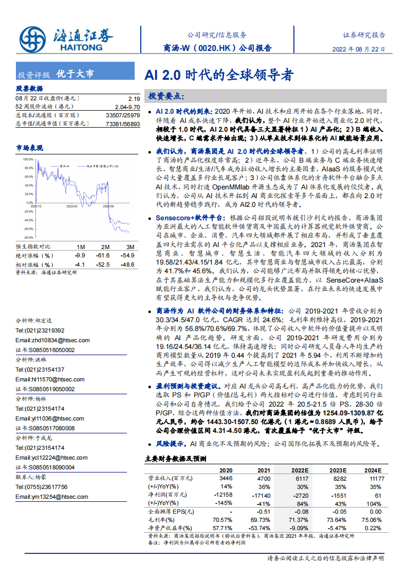 商汤W00020.HK公司报告：AI2.0时代的全球领导者